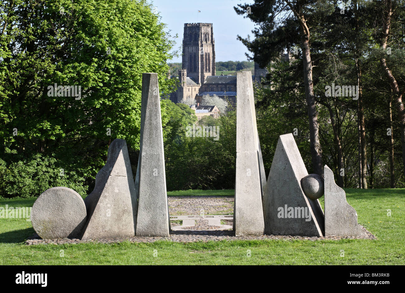 A view of Durham cathedral tower through the Hamish Horsley sculpture, The Way. Durham City, England, UK Stock Photo