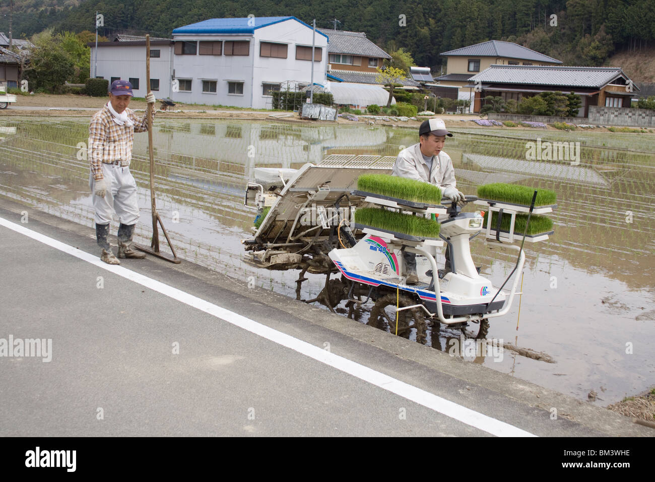 A machine used to plant rice in the Japanese paddy fields. Stock Photo