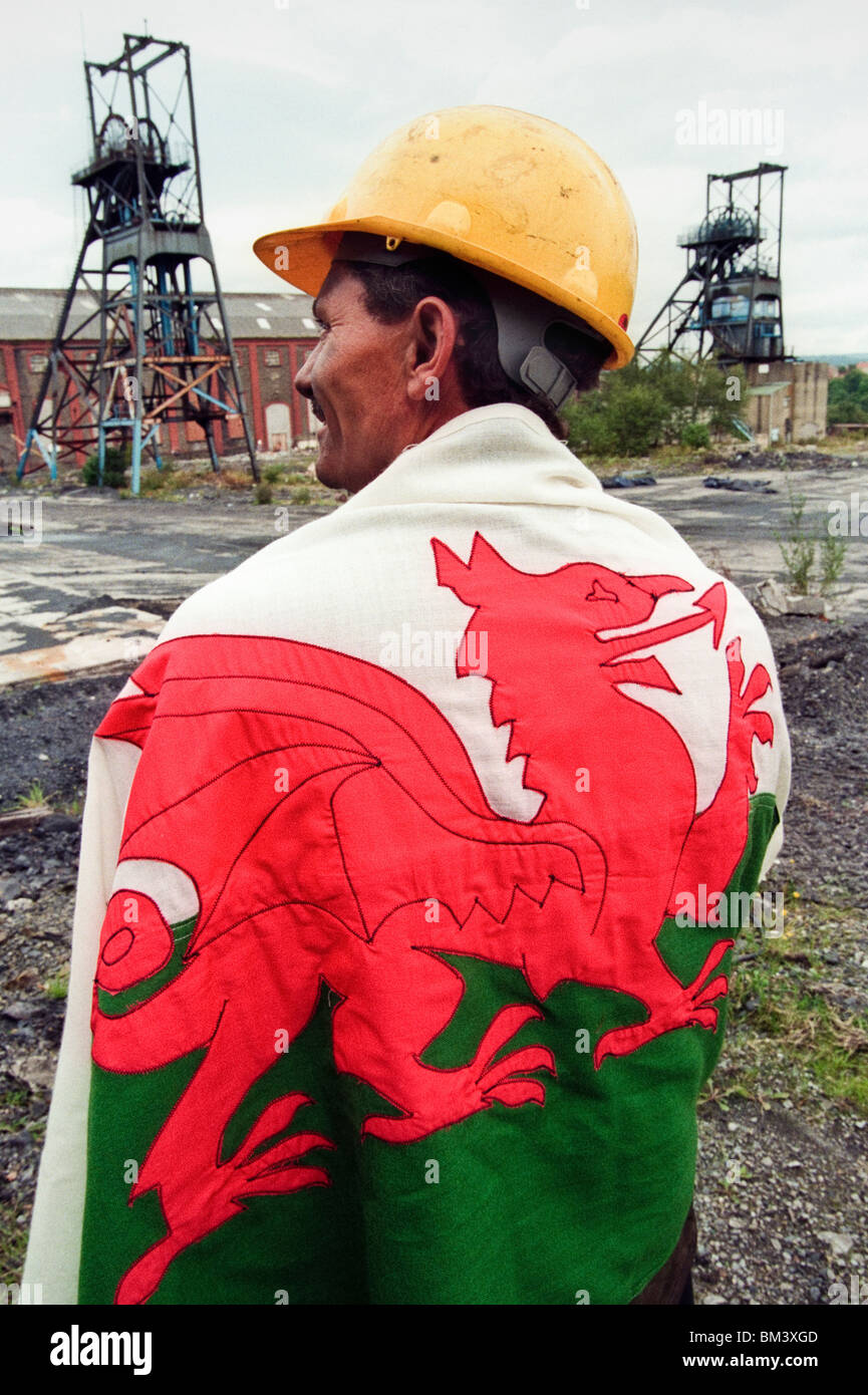 Former miner wrapped in welsh red dragon flag at Penallta Colliery supporting the 1997 Referendum in Wales Stock Photo