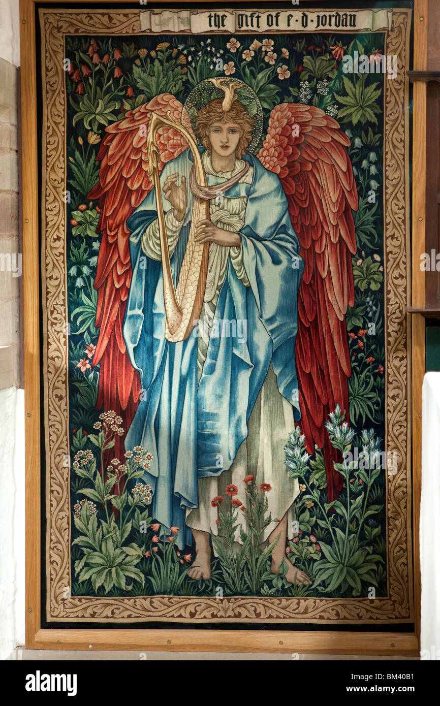 UK, Herefordshire, Brockhampton, All Saints Arts and Crafts Church, Edward Burne Jones textiles beside altar Stock Photo