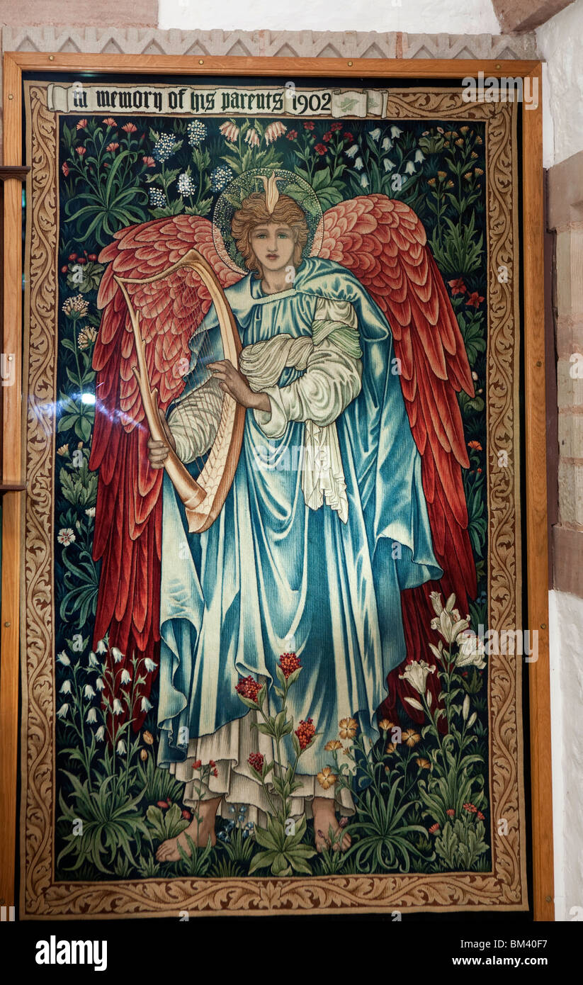 UK, Herefordshire, Brockhampton, All Saints Arts and Crafts Church, Edward Burne Jones textiles beside altar Stock Photo