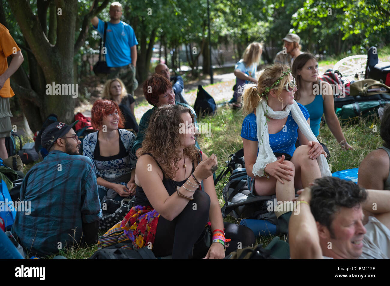 Climate campers in the Blue Swoop to the Climate Camp wait for instructions in Larkhall Park near Stockwell Station Stock Photo