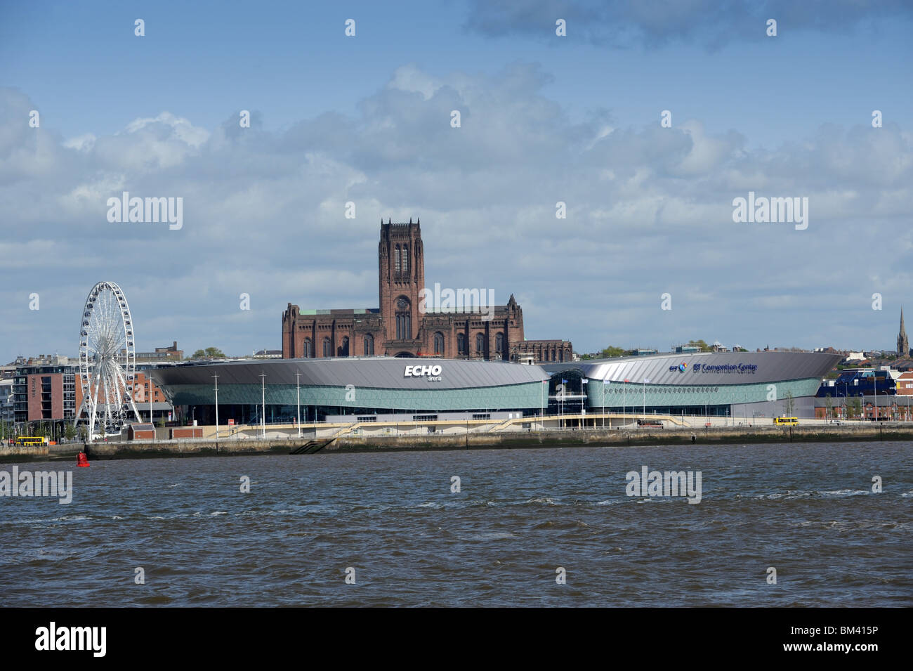 BT conference centre and Echo Arena with Anglican cathedral in Liverpool England Uk Stock Photo