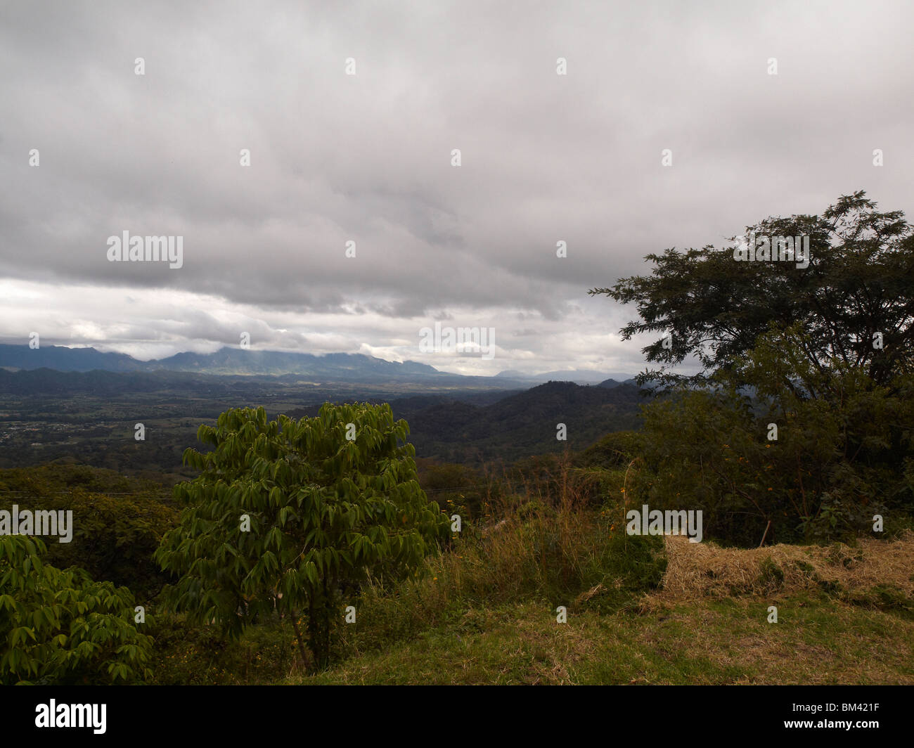 Landscape in Mexico with trees, valleys and mountain ridges under the stormy sky Stock Photo