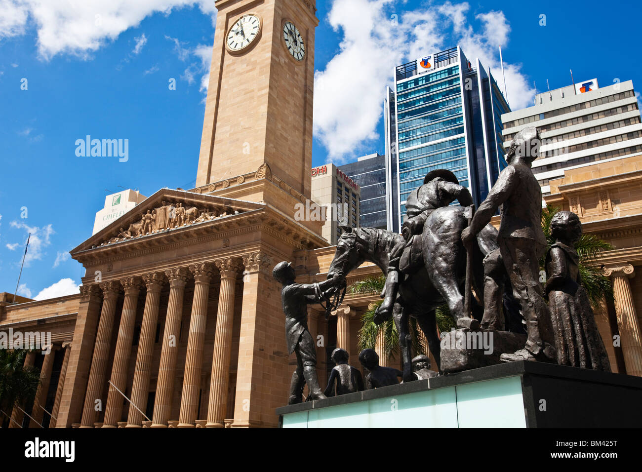 Statue on King Square with Brisbane City Hall beyond. Brisbane