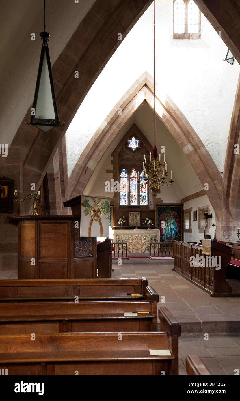 UK, Herefordshire, Brockhampton, All Saints Arts and Crafts Church, interior, with Burne Jones textiles Stock Photo