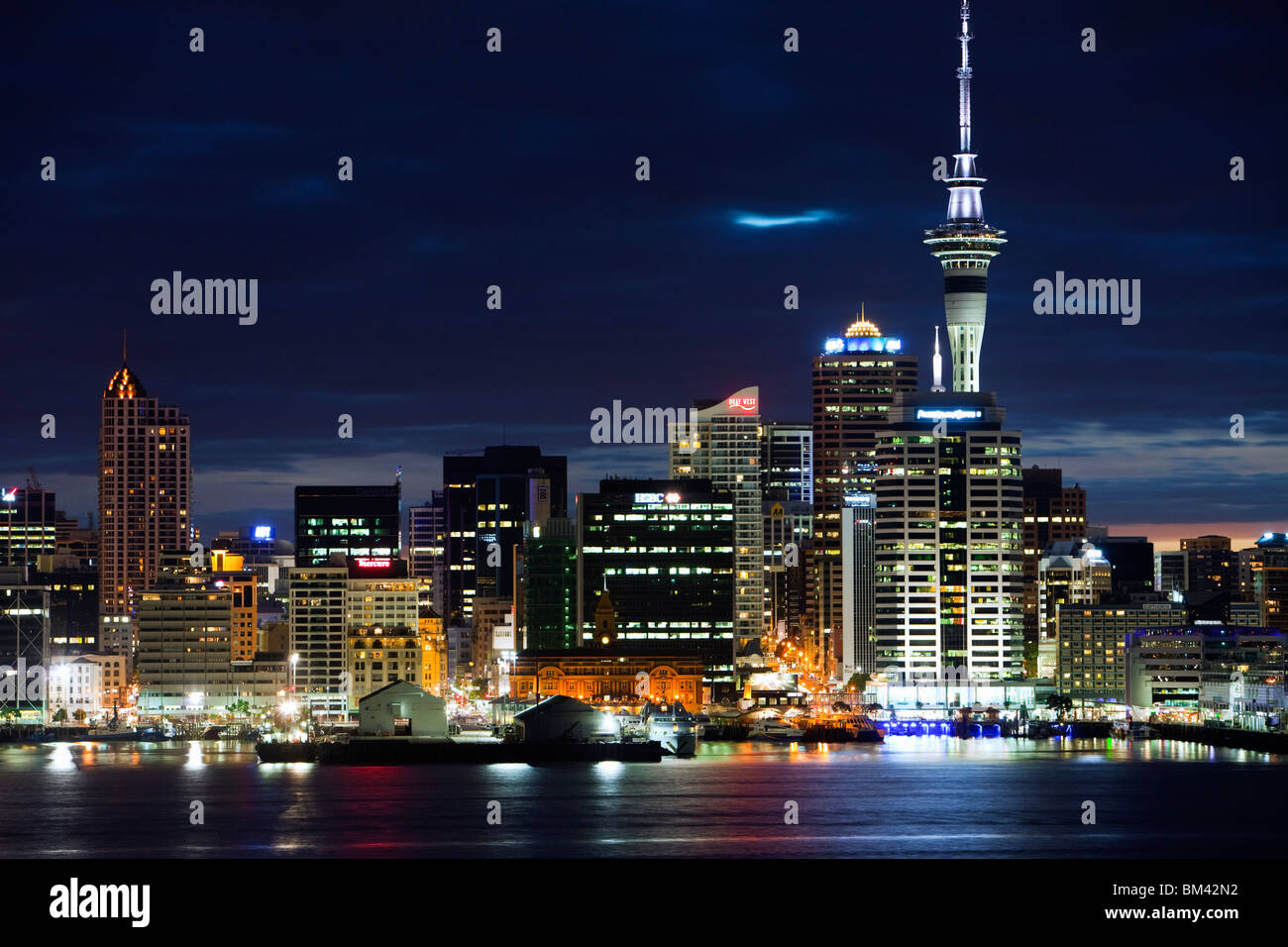 Auckland city skyline at night. Devonport, Auckland, North Island, New Zealand Stock Photo