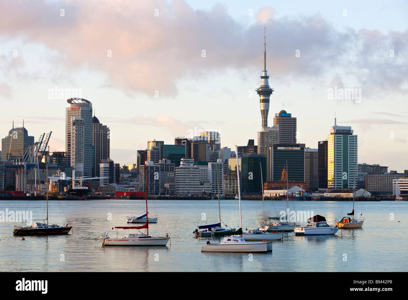 Auckland city skyline at dawn, viewed fromDevonport.  Auckland, North Island, New Zealand Stock Photo