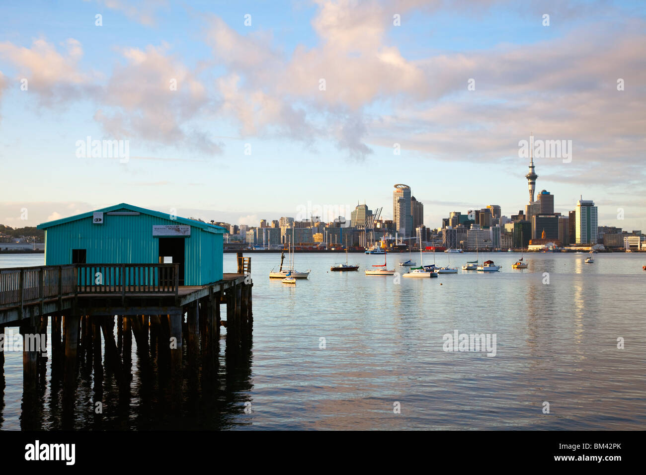 View of harbour and city skyline from Devonport waterfront.  Auckland, North Island, New Zealand Stock Photo