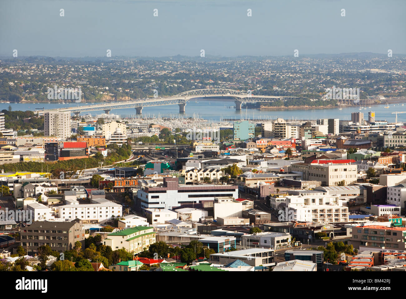 View of city and Auckland Harbour Bridge from Mt Eden (Maungawhau). Auckland, North Island, New Zealand Stock Photo