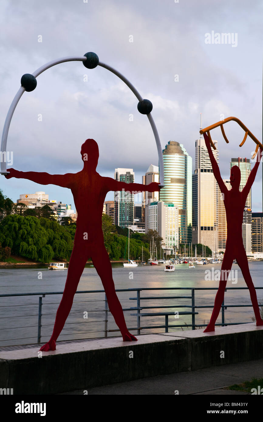 Artwork at Kangaroo Point with city skyline in the background. Brisbane