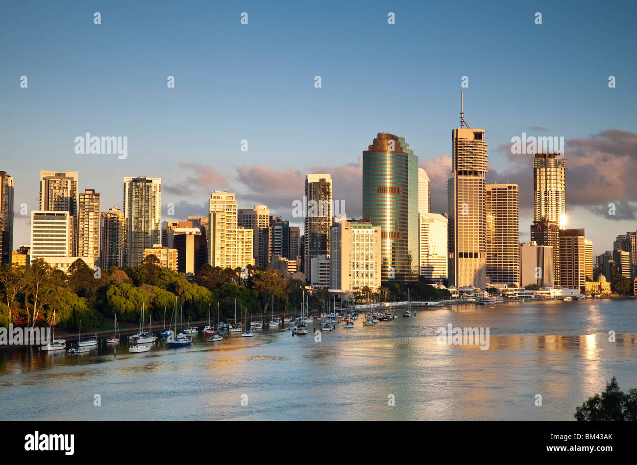 View of the city skyline from Kangaroo Point at dawn. Brisbane, Queensland, Australia Stock Photo