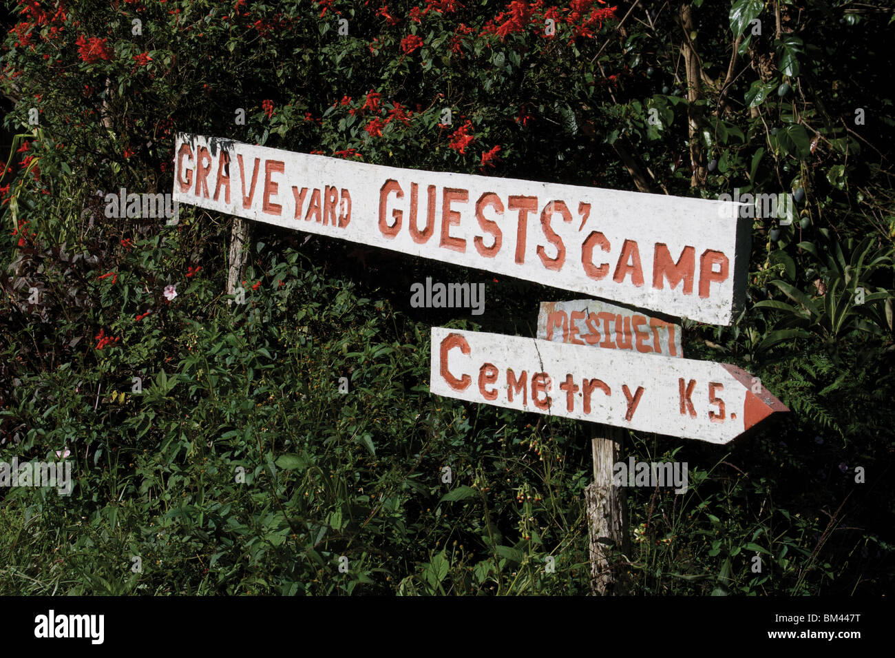Sign to camp site along the Kokoda Trail, Papua New Guinea Stock Photo