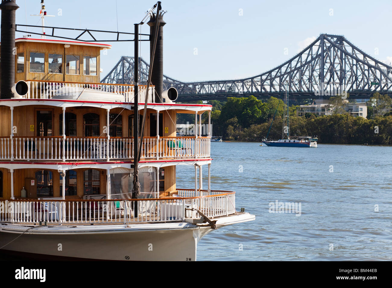Kookaburra River Queen paddlesteamer with Story Bridge in background. Brisbane, Queensland