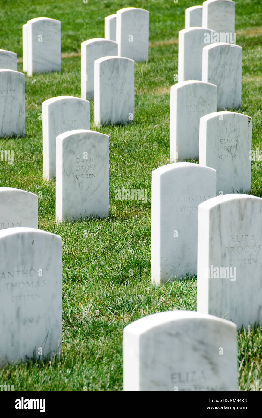 White marble headstones at Arlington National Cemetery near Washington DC. Stock Photo