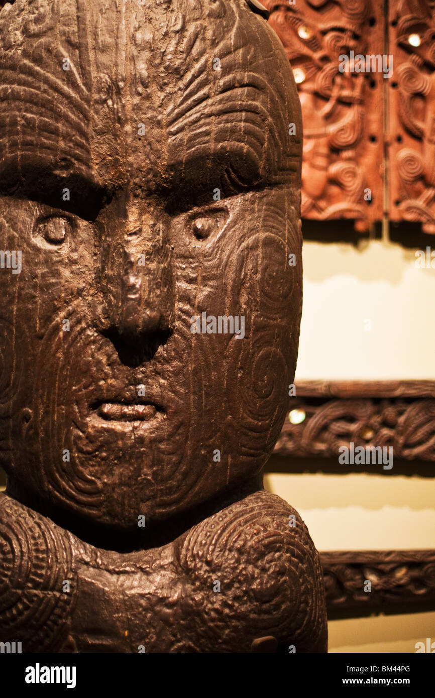 Maori carved sculptures in Canterbury Museum. Christchurch, Canterbury