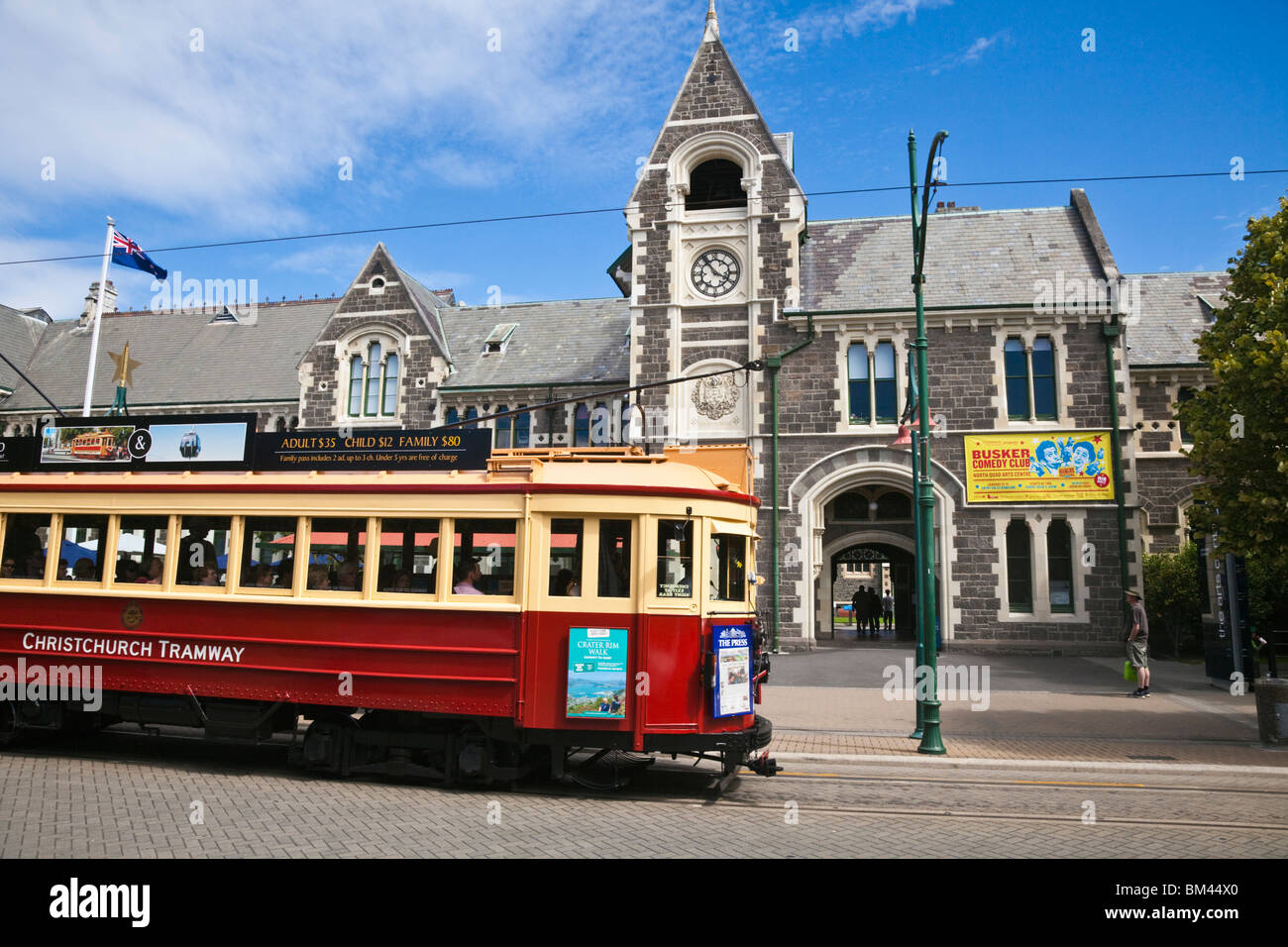 Tram in front of the Arts Centre. Christchurch, Canterbury, South Island, New Zealand Stock Photo