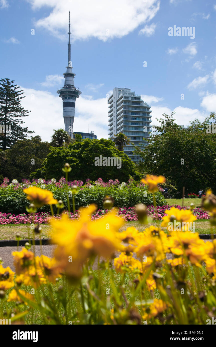 View across Albert Park to the Sky Tower. Auckland, North Island, New Zealand Stock Photo