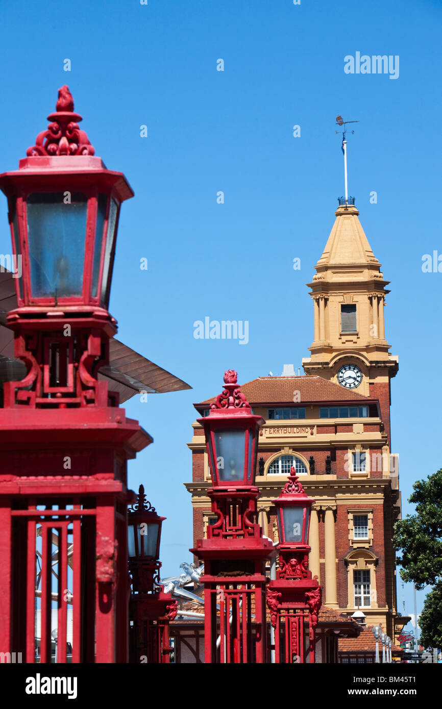 View along the waterfront to the historic Ferry Building on Quay Street. Auckland, North Island, New Zealand Stock Photo