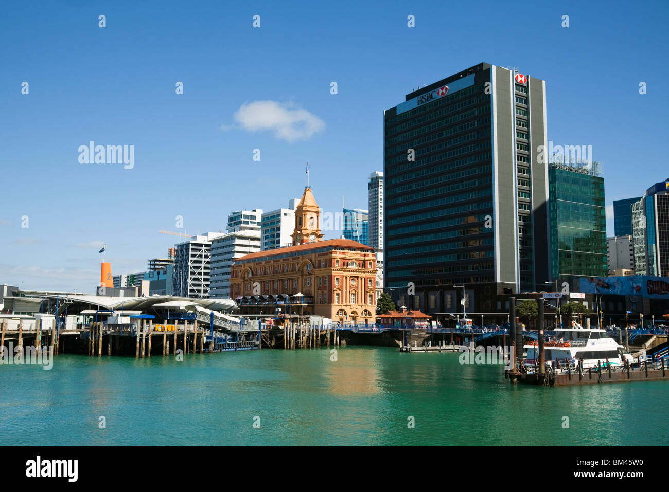 View of the Ferry Building and waterfront district. Auckland, North Island, New Zealand Stock Photo