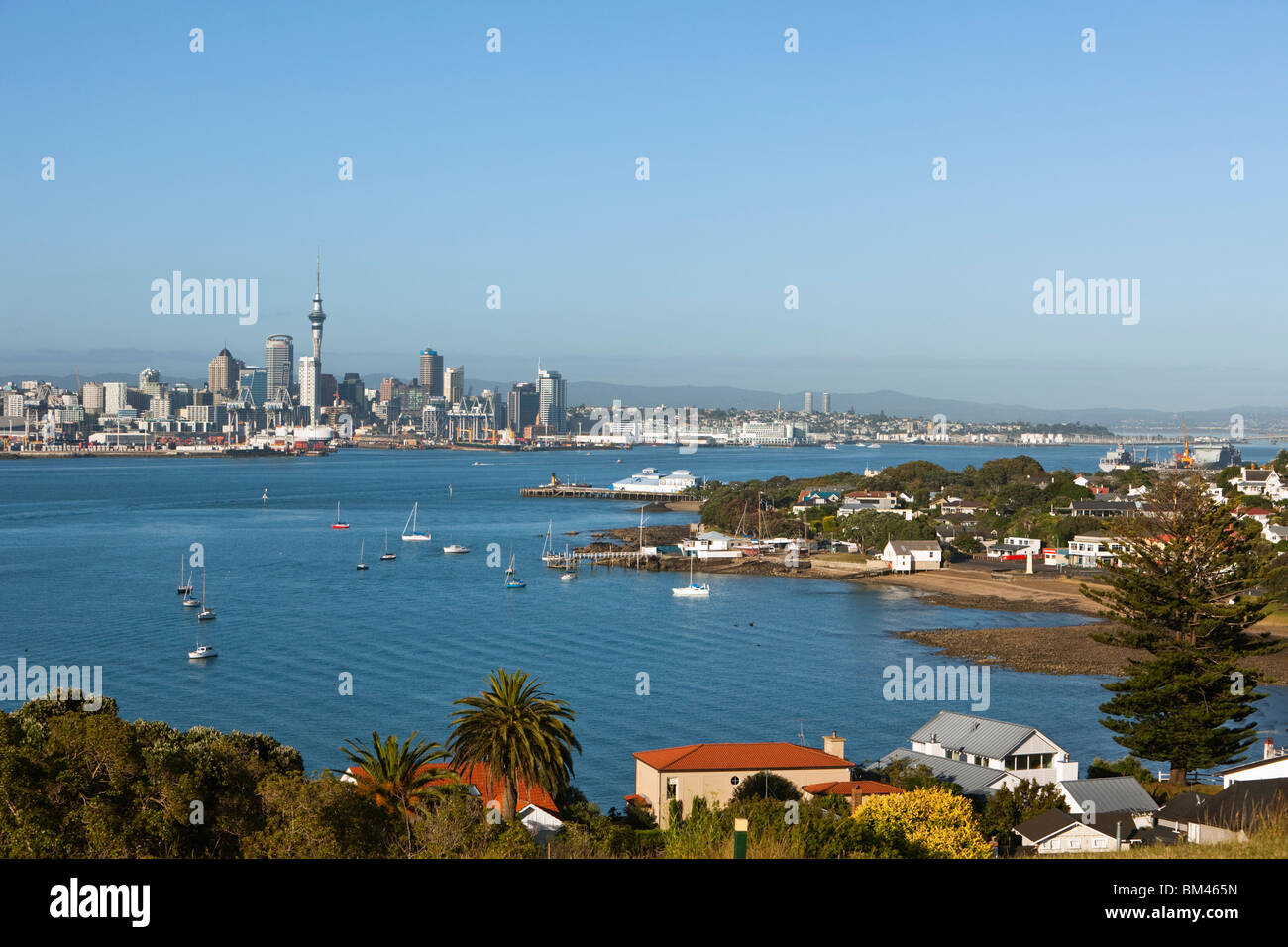 View from North Head to the harbour and city skyline. Devonport, Auckland, North Island, New Zealand Stock Photo