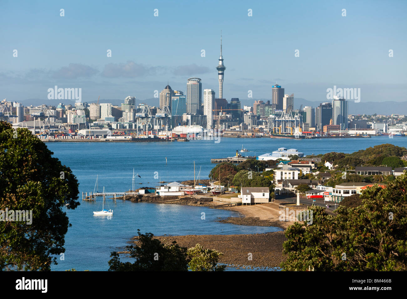 View from North Head to the harbour and city skyline. Devonport, Auckland, North Island, New Zealand Stock Photo