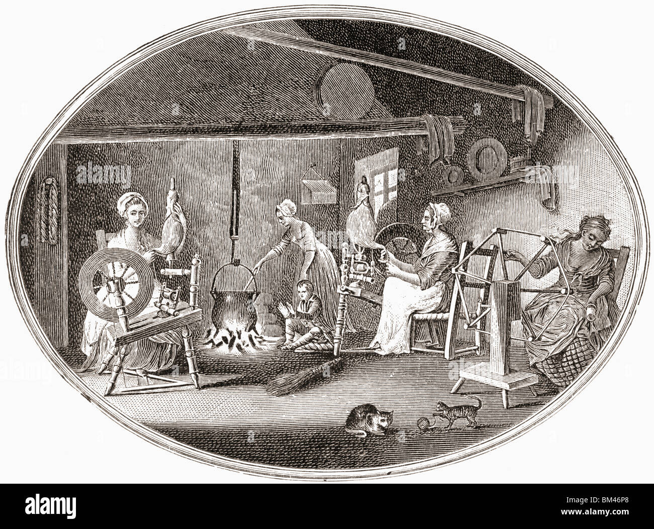 Handicrafts in the 18th and 19th centuries.  Spinning, Reeling with the Clock Reel, Boiling Yarn. Stock Photo