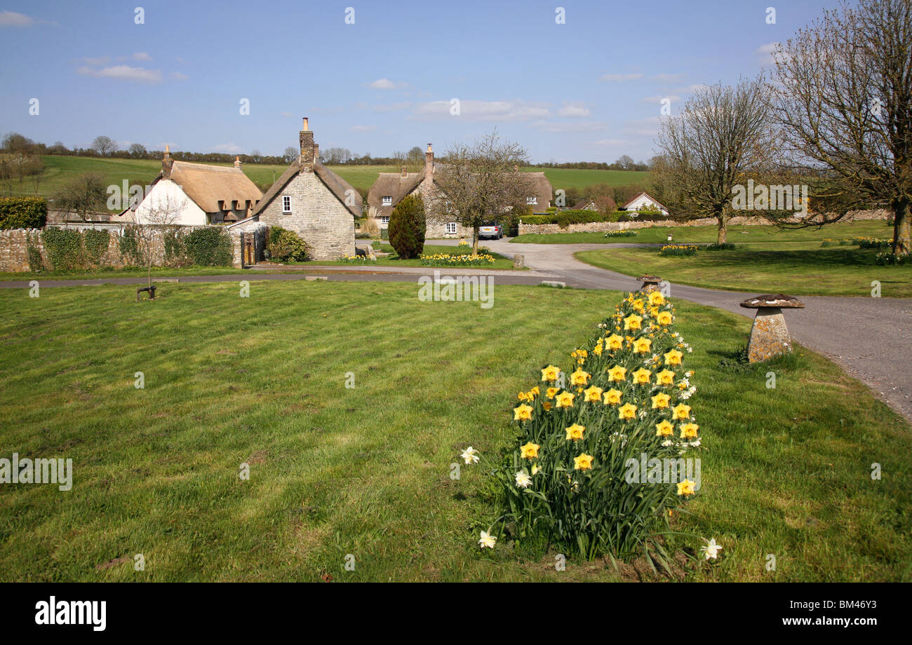 Springtime view of the attractive thatched village of Whitcombe near Dorchester, the county town of Dorset Stock Photo