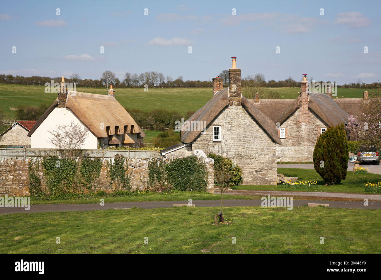 Springtime view of the attractive thatched village of Whitcombe near Dorchester, the county town of Dorseter Stock Photo
