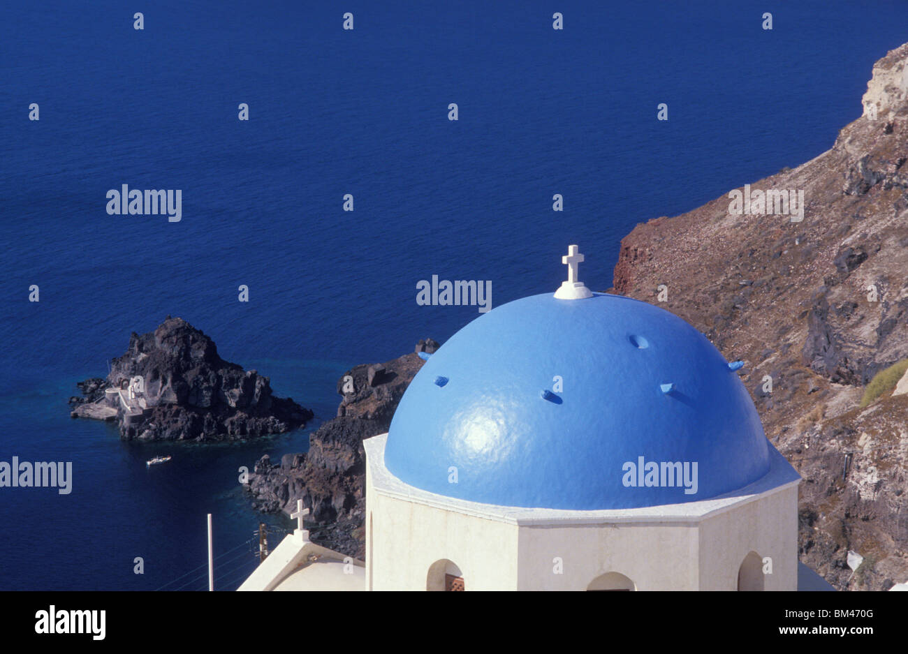 CHURCH, OIA, SANTORINI ISLAND, CYCLADES, GREECE Stock Photo