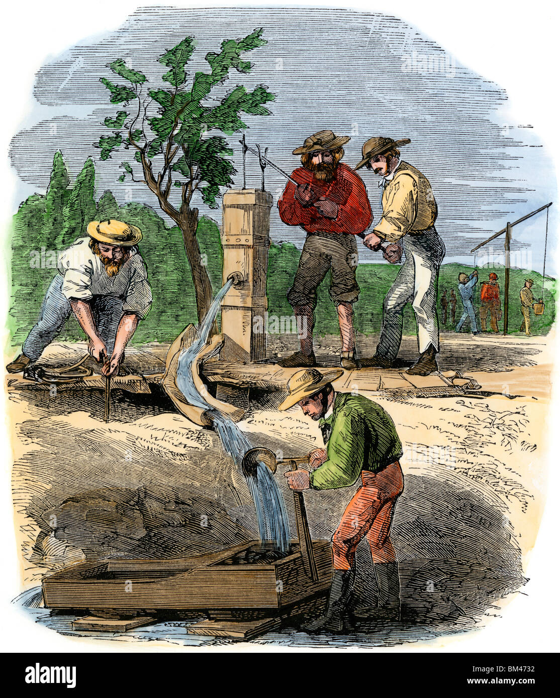 Australian gold prospectors working a river-bed claim on the Turon, 1850s. Hand-colored woodcut Stock Photo