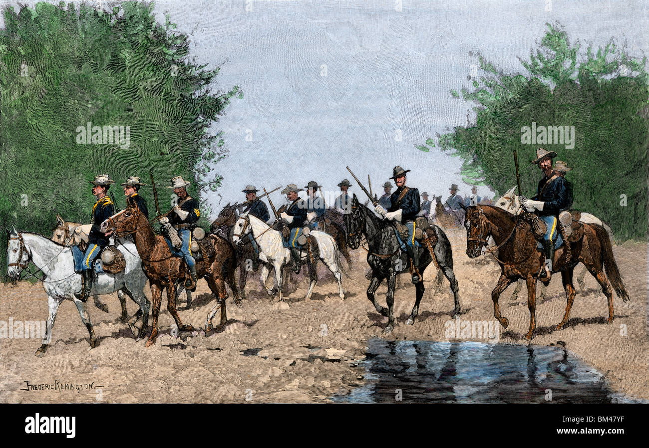 General Miles' troops pursuing Chief Joseph and the Nez Perce, 1870s. Hand-colored woodcut of a Frederic Remington illustration Stock Photo