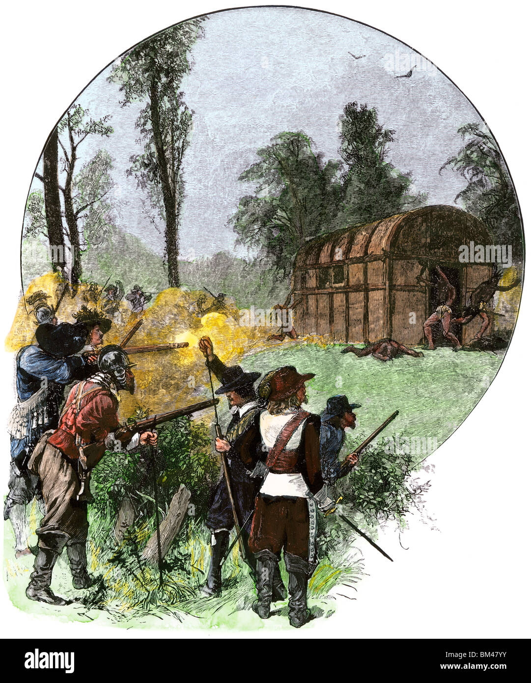 Virginia colonists' attack on the Doegs in Maryland, 1675. Hand-colored woodcut Stock Photo