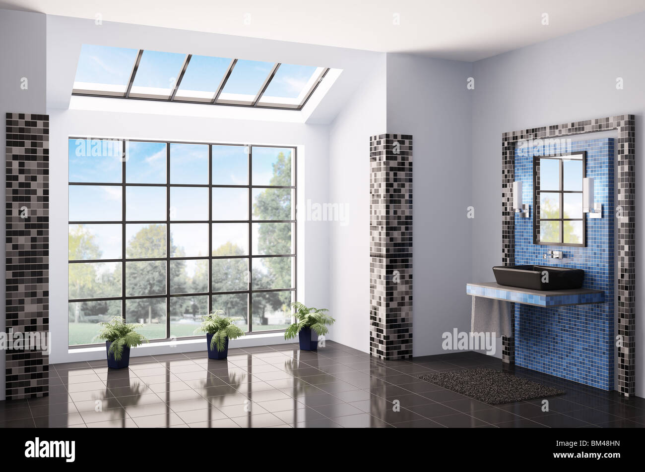Bathroom with big window interior 3d render Stock Photo Alamy
