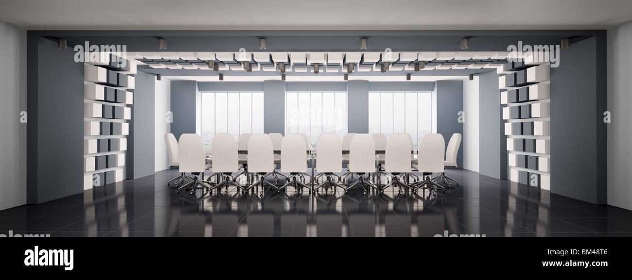 Modern boardroom with white chairs interior panorama 3d render Stock ...