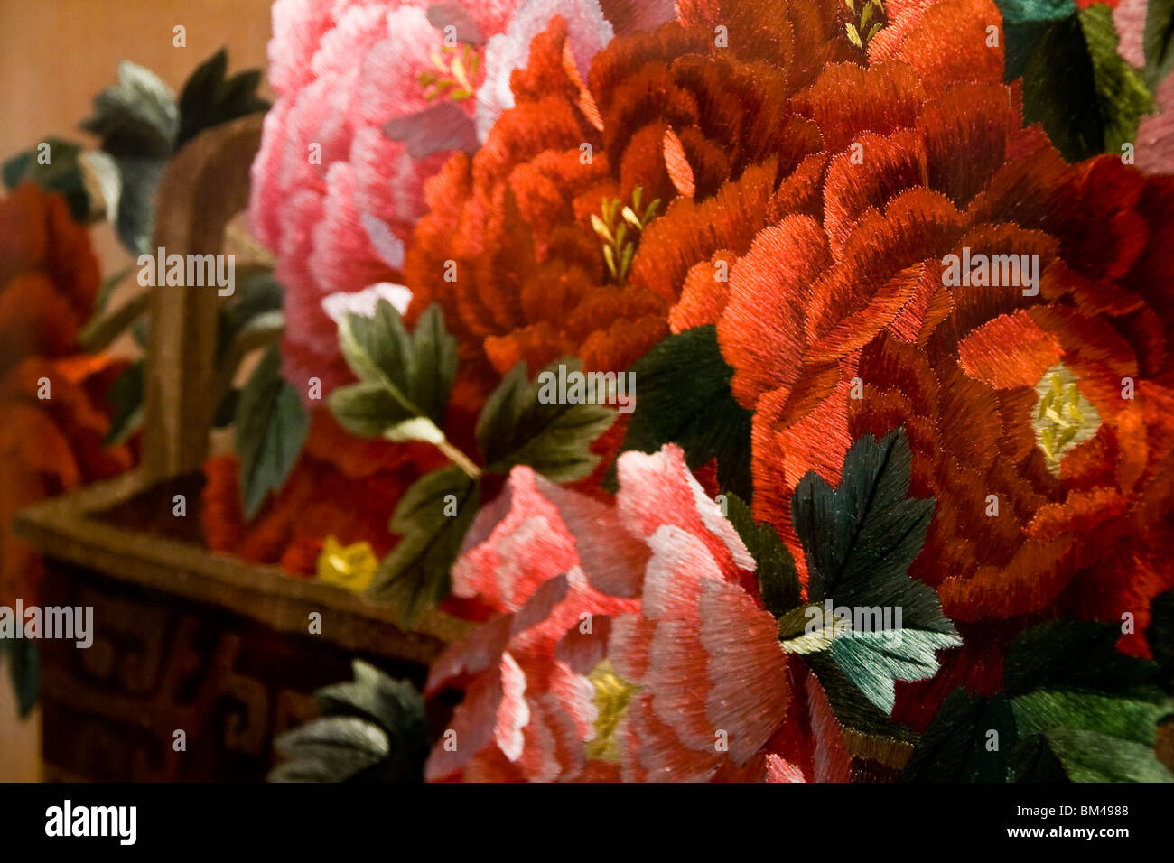 Colorful embroidery of peony in china Stock Photo