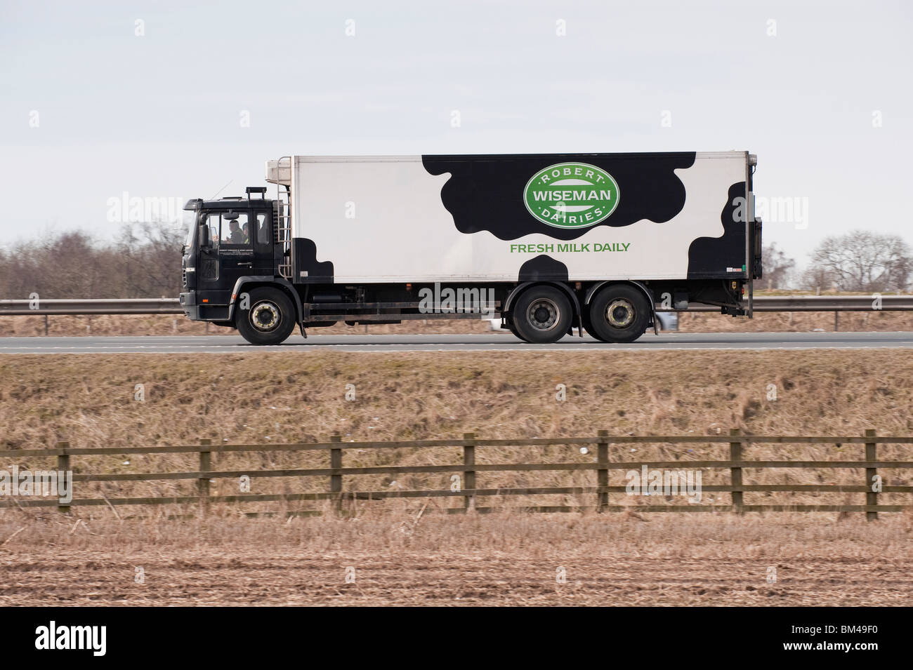 A lorry transporting goods for Robert Wiseman Dairies, travelling along a motorway. Stock Photo