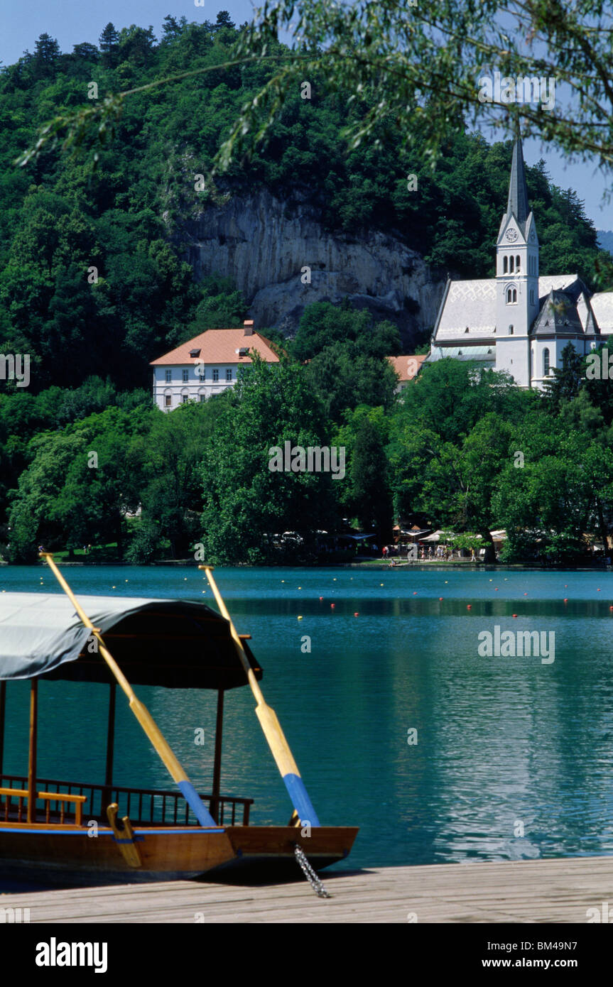 Slovenia, June 2009 -- Traditional boat on Lake Bled. Stock Photo