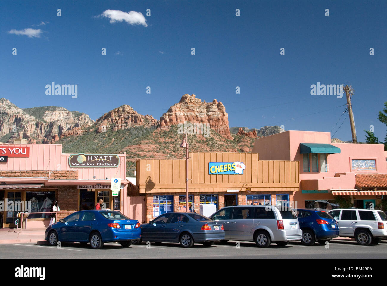 Shops shopping in main street Highway 89A through the city of Sedona Arizona USA  Stock Photo