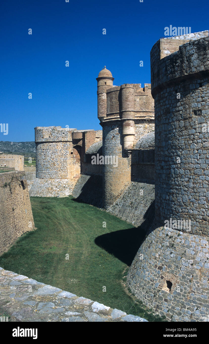 Moat, Southern Ramparts, Entrance & Walls to the Medieval Salses Fort or Fortress (c15th), near Perpignan, France Stock Photo