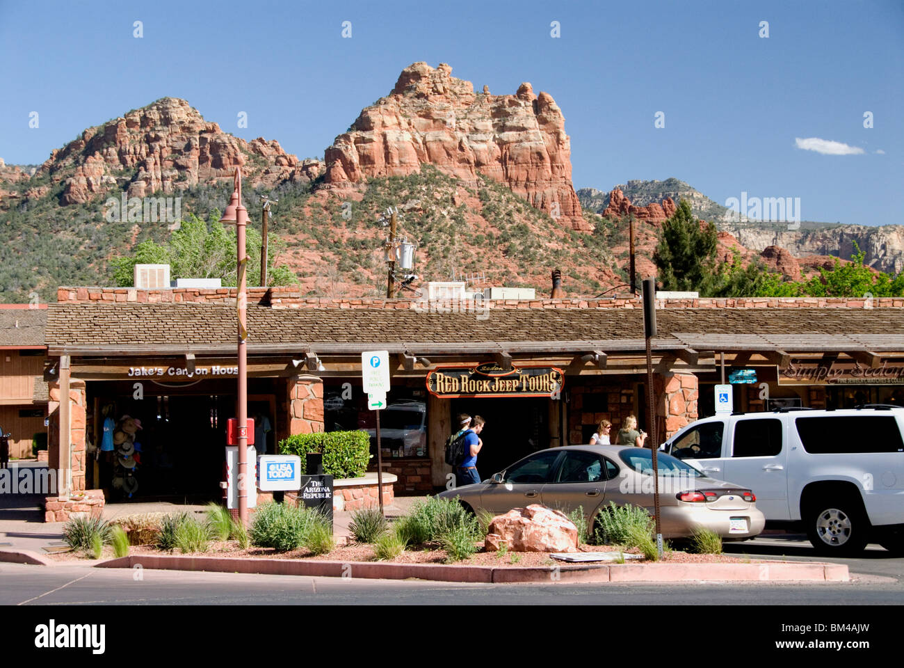 Shops shopping in main street Highway 89A through the city of Sedona Arizona USA  Stock Photo