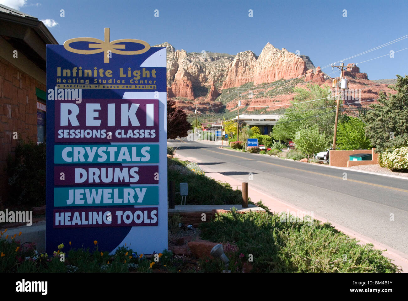 Infinite Light Healing Centre Reiki Crystals Jewelery sign in city of Sedona Arizona USA Stock Photo