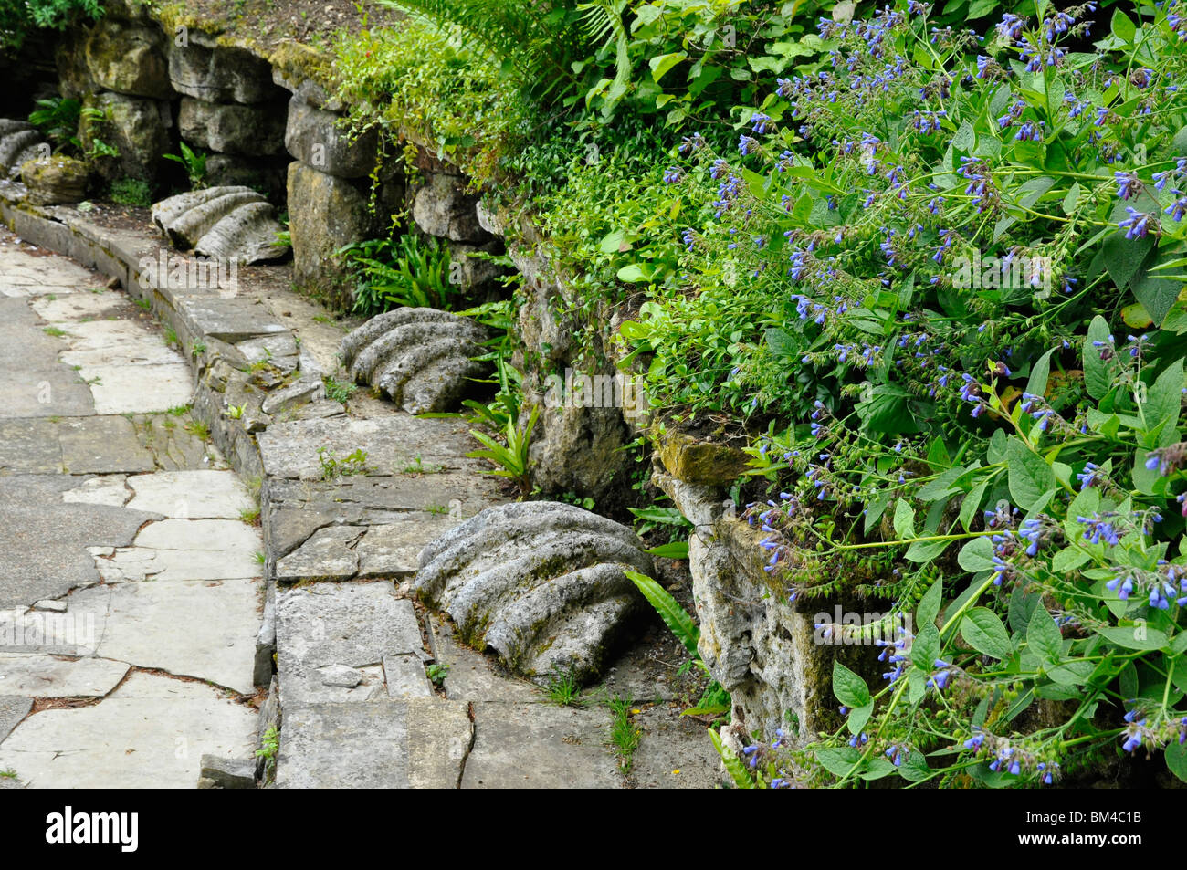 Sezincote -  stone shells and niches surrounding a pool within this magnificent exotic oriental style Cotswold garden.  UK Stock Photo
