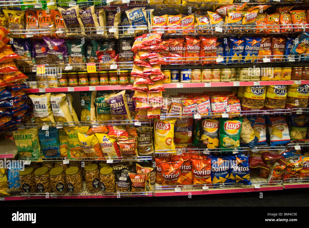 A display of tasty chips and other snacks in a store in New York seen on Saturday, May 8, 2010. (© Richard B. Levine) Stock Photo