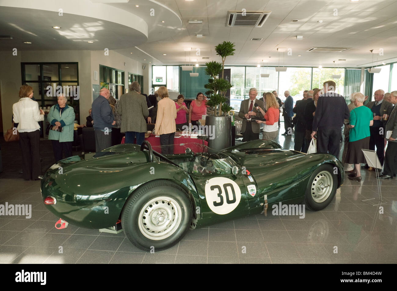 Famous vintage Lister Jaguar sports car exhibited in the Jaguar