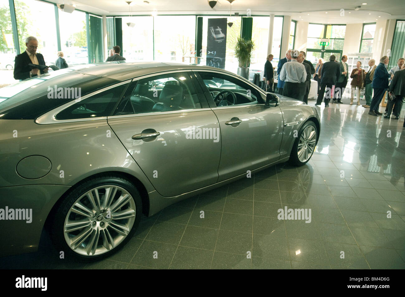 The newly released Jaguar XJ car in a Cambridge dealership, Marshalls