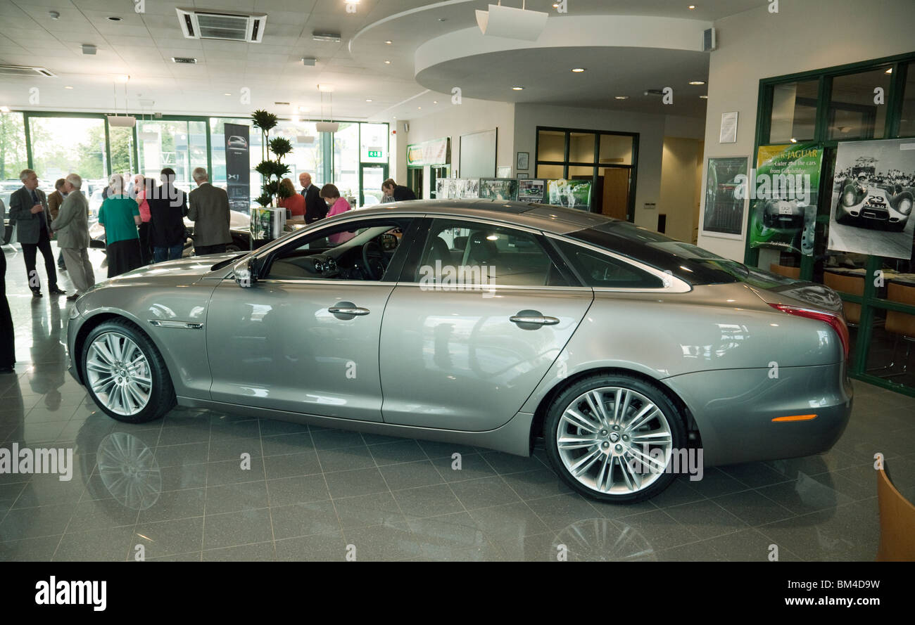 The newly released Jaguar XJ car in a Cambridge dealership, Marshalls