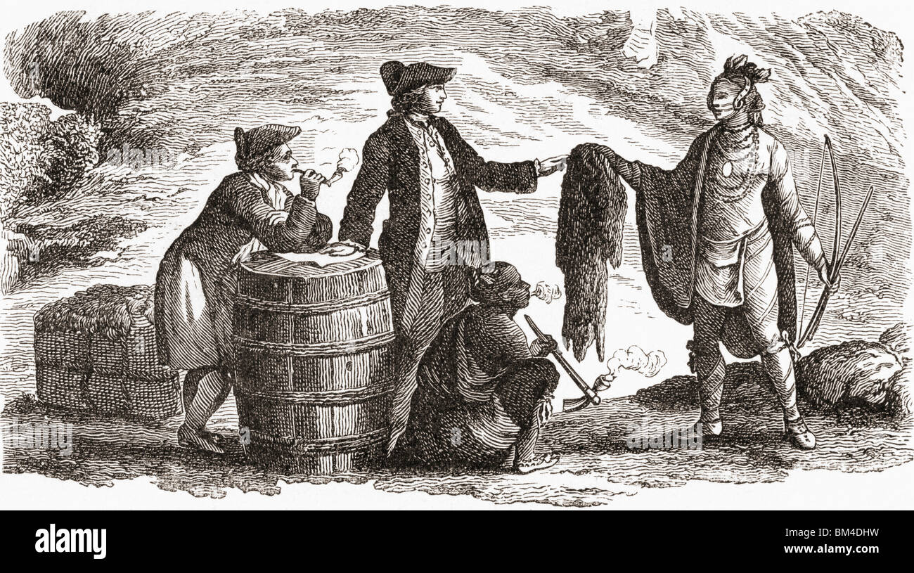 North American traders and Indians circa 1770s. Stock Photo