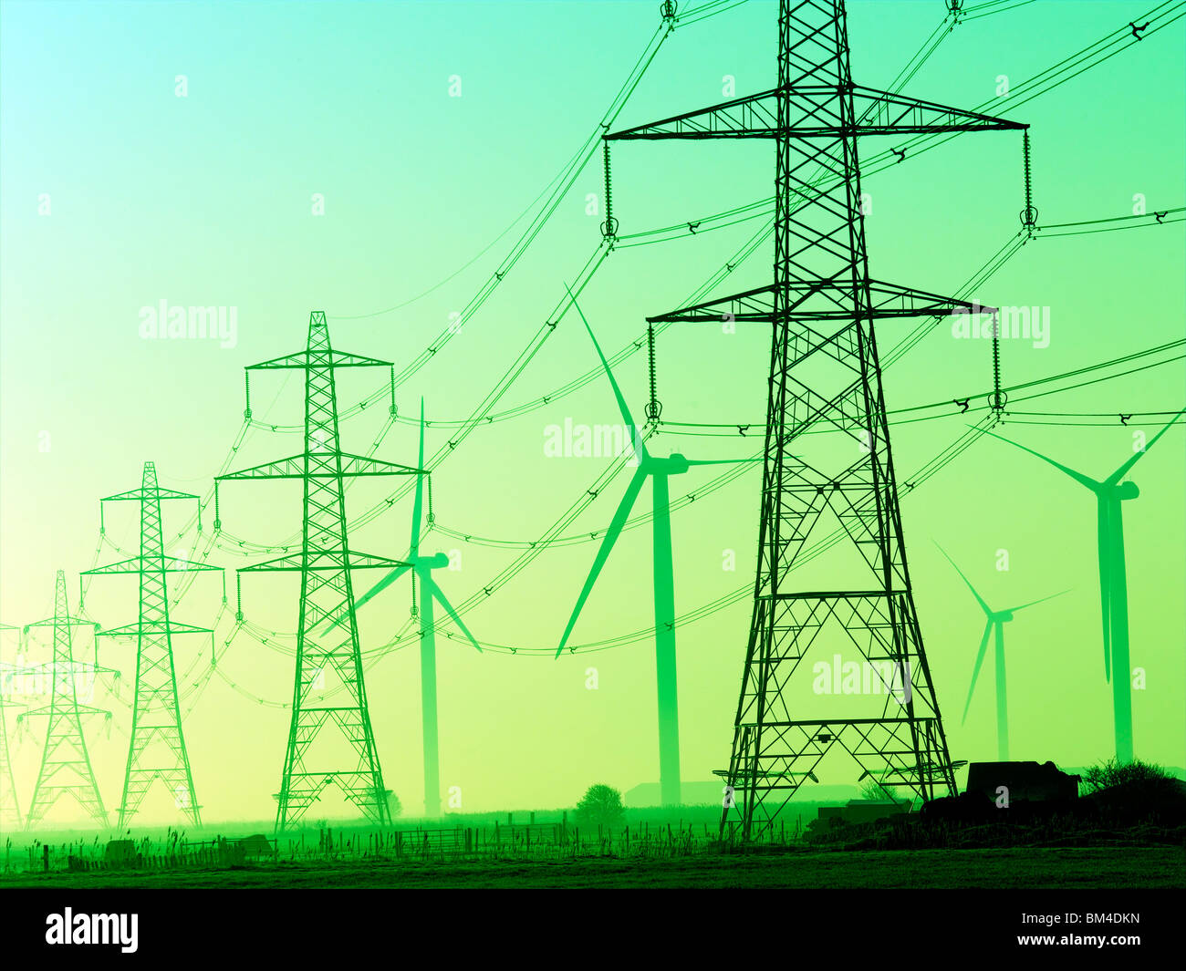 Electricity Pylons & Wind Farm Stock Photo