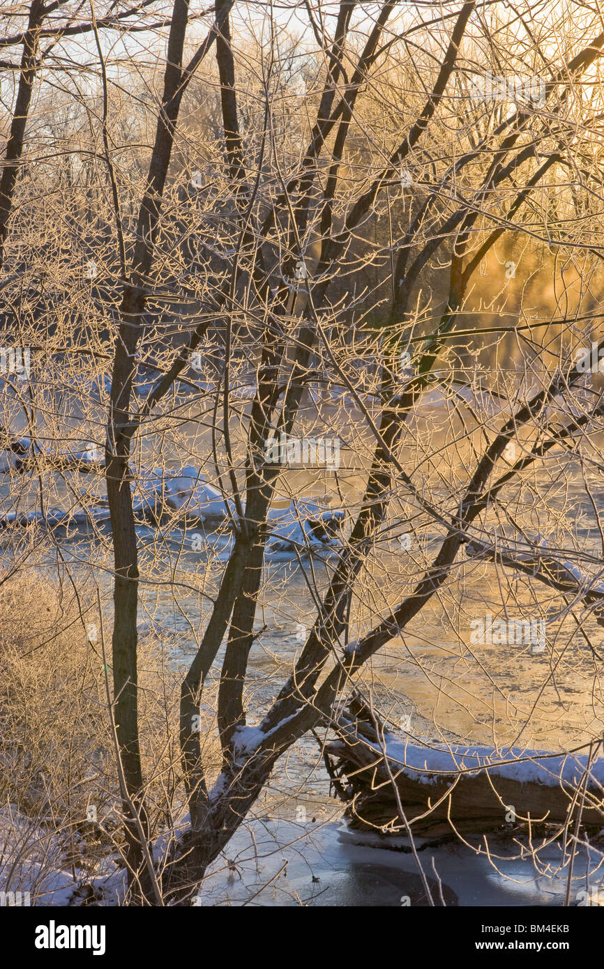Early morning in winter on the Ashuelot River in Winchester, New